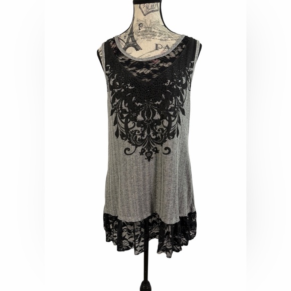 Vocal Tops - Vocal Embellish Boho Gray & Black Lace Hi-Lo Tunic Top Size L - Whimsigoth Style